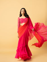 Load image into Gallery viewer, Pink &amp; orange georgette ruffle saree with full sleeve hand embroidered blouse
