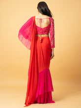 Load image into Gallery viewer, Pink &amp; orange georgette ruffle saree with full sleeve hand embroidered blouse
