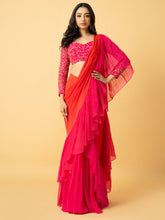 Load image into Gallery viewer, Pink &amp; orange georgette ruffle saree with full sleeve hand embroidered blouse
