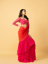 Load image into Gallery viewer, Pink &amp; orange georgette ruffle saree with full sleeve hand embroidered blouse
