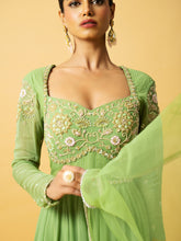 Load image into Gallery viewer, Mint green Anarkali with hand embroidery in georgette , dupatta is in soft net .
