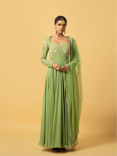 Load image into Gallery viewer, Mint green Anarkali with hand embroidery in georgette , dupatta is in soft net .
