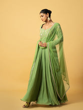 Load image into Gallery viewer, Mint green Anarkali with hand embroidery in georgette , dupatta is in soft net .
