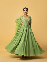 Load image into Gallery viewer, Mint green Anarkali with hand embroidery in georgette , dupatta is in soft net .
