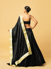 Load image into Gallery viewer, Black modal satin lehenga with golden lace in dupatta
