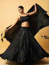 Load image into Gallery viewer, Black modal satin lehenga with golden lace in dupatta
