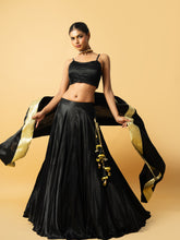 Load image into Gallery viewer, Black modal satin lehenga with golden lace in dupatta
