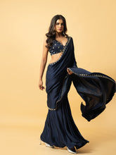 Load image into Gallery viewer, Blue modal satin saree with hand embroidered sleeveless blouse
