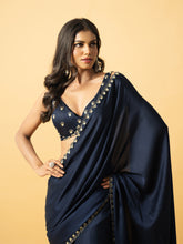 Load image into Gallery viewer, Blue modal satin saree with hand embroidered sleeveless blouse
