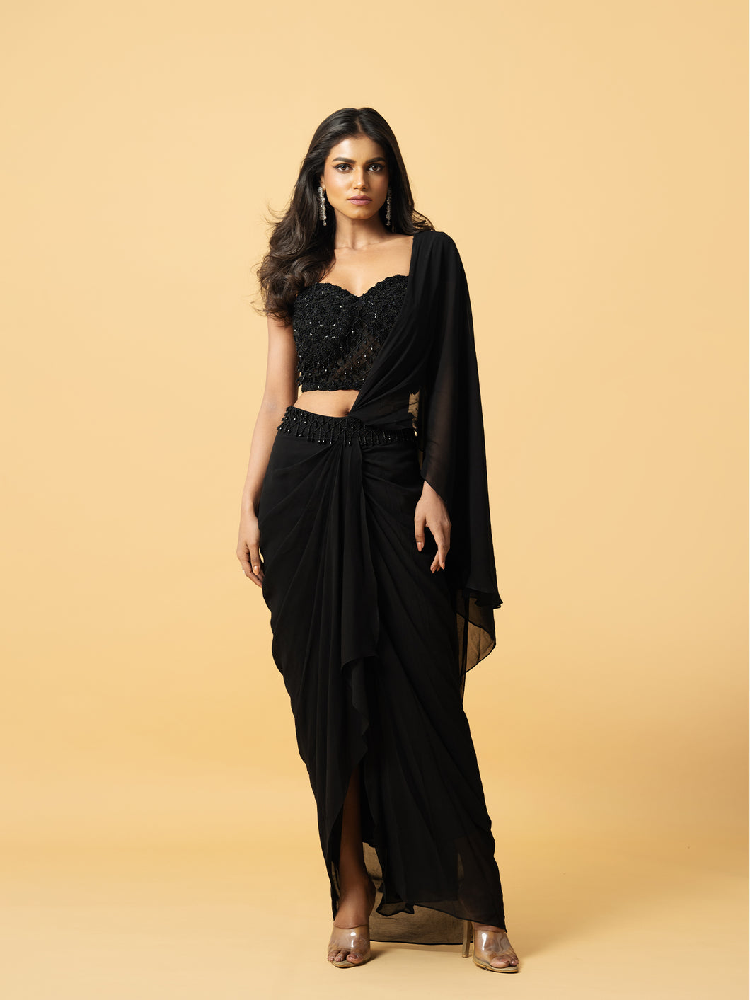 Black georgette saree with hand embroidered blouse