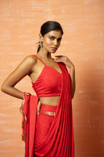 Load image into Gallery viewer, Red Predraped Saree with Lace Work
