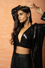 Load image into Gallery viewer, Black Sequins Jacket and hoti Skirt Set

