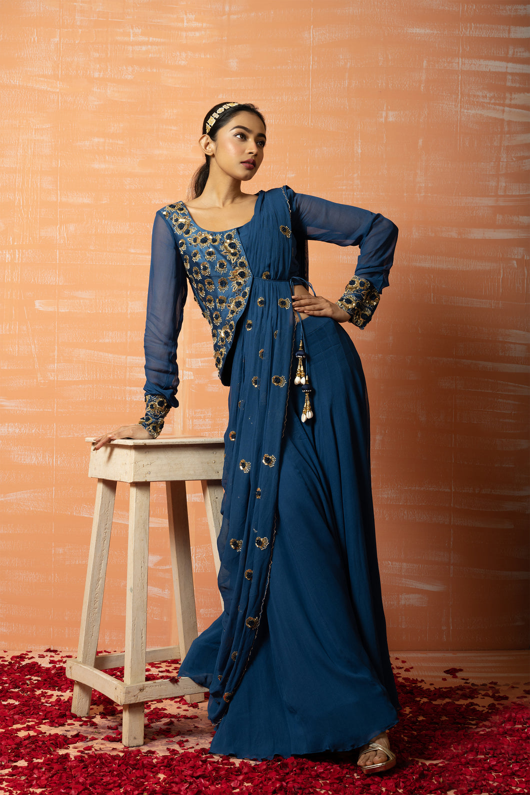 Blue Hand Embroidered Jacket  Sharara part Saree Set