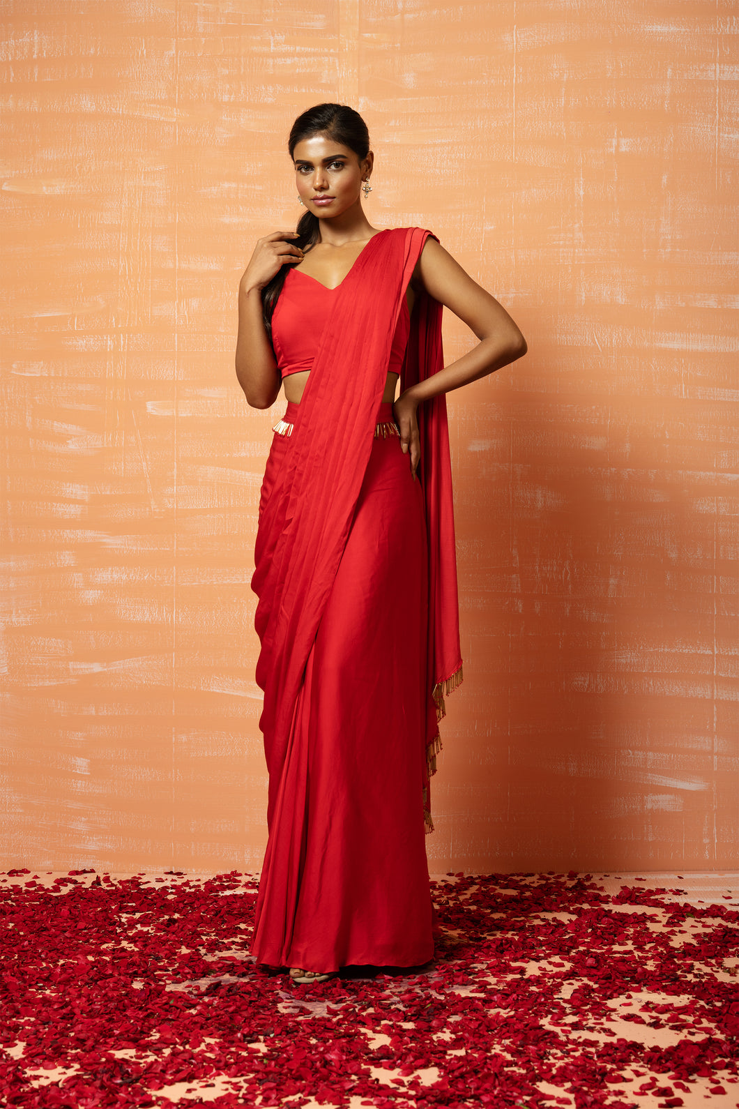 Red Predraped Saree with Lace Work