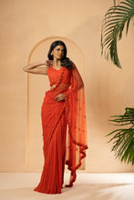 Load image into Gallery viewer, Orange embroidered pre-stitched drape saree
