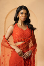 Load image into Gallery viewer, Orange embroidered pre-stitched drape saree
