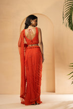 Load image into Gallery viewer, Orange embroidered pre-stitched drape saree

