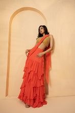 Load image into Gallery viewer, Peach embroidered pre-stitched drape ruffle saree
