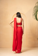 Load image into Gallery viewer, Red embroidered pre-stitched drape corset saree

