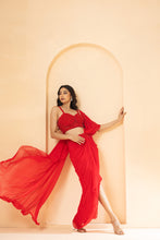 Load image into Gallery viewer, Red embroidered pre-stitched drape corset saree
