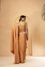 Load image into Gallery viewer, Golden embroidered pre-stitched drape corset saree
