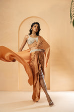Load image into Gallery viewer, Golden embroidered pre-stitched drape corset saree
