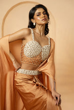 Load image into Gallery viewer, Golden embroidered pre-stitched drape corset saree
