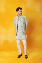 Load image into Gallery viewer, Grey Kurta and 2 in 1 open Nehru Jacket with Dori Embroidery with Ivory Trouser
