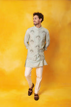 Load image into Gallery viewer, Grey Kurta and 2 in 1 open Nehru Jacket with Dori Embroidery with Ivory Trouser
