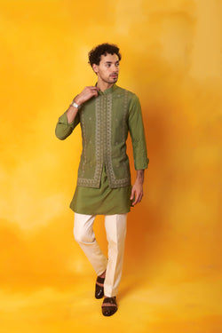 Green Kurta and Nehru Jacket 2 in 1 open and close with Trouser