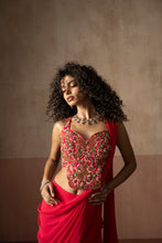 Load image into Gallery viewer, Predraped , fuschia pink , embroidered georgette saree with corset blouse
