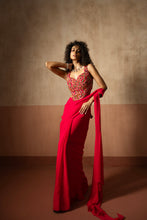 Load image into Gallery viewer, Predraped , fuschia pink , embroidered georgette saree with corset blouse
