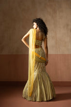 Load image into Gallery viewer, Fishtail style , sage green &amp; pastel yellow hand embroidered , net &amp;georgette...
