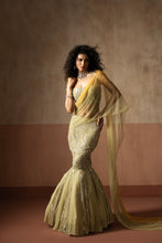 Load image into Gallery viewer, Fishtail style , sage green &amp; pastel yellow hand embroidered , net &amp;georgette...
