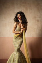 Load image into Gallery viewer, Fishtail style , sage green &amp; pastel yellow hand embroidered , net &amp;georgette...
