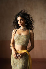 Load image into Gallery viewer, Fishtail style , sage green &amp; pastel yellow hand embroidered , net &amp;georgette...
