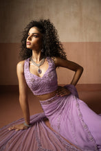Load image into Gallery viewer, Predraped , lavender, hand embroidered net &amp; georgette saree
