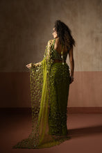 Load image into Gallery viewer, Predraped , mehendi green , hand embroidered net &amp; satin saree
