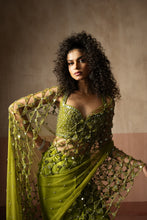 Load image into Gallery viewer, Predraped , mehendi green , hand embroidered net &amp; satin saree
