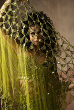 Load image into Gallery viewer, Predraped , mehendi green , hand embroidered net &amp; satin saree

