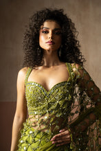 Load image into Gallery viewer, Predraped , mehendi green , hand embroidered net &amp; satin saree
