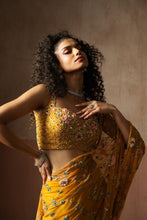 Load image into Gallery viewer, Predraped , mustard yellow , hand embroidered net &amp; georgette saree
