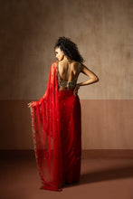 Load image into Gallery viewer, Predraped , red , hand embroidered net &amp; georgette saree with golden blouse
