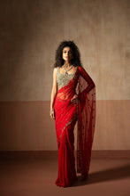 Load image into Gallery viewer, Predraped , red , hand embroidered net &amp; georgette saree with golden blouse
