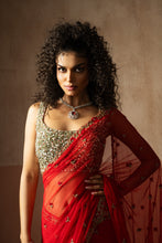 Load image into Gallery viewer, Predraped , red , hand embroidered net &amp; georgette saree with golden blouse
