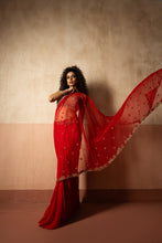 Load image into Gallery viewer, Predraped , red , hand embroidered net &amp; georgette saree with golden blouse
