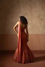 Load image into Gallery viewer, Fishtail style , peach coloured, hand embroidered georgette fishtail saree

