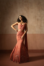 Load image into Gallery viewer, Fishtail style , peach coloured, hand embroidered georgette fishtail saree
