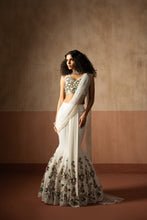 Load image into Gallery viewer, Fishtail style , white &amp; multicoloured hand embroidered georgette fishtail s...
