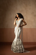 Load image into Gallery viewer, Fishtail style , white &amp; multicoloured hand embroidered georgette fishtail s...
